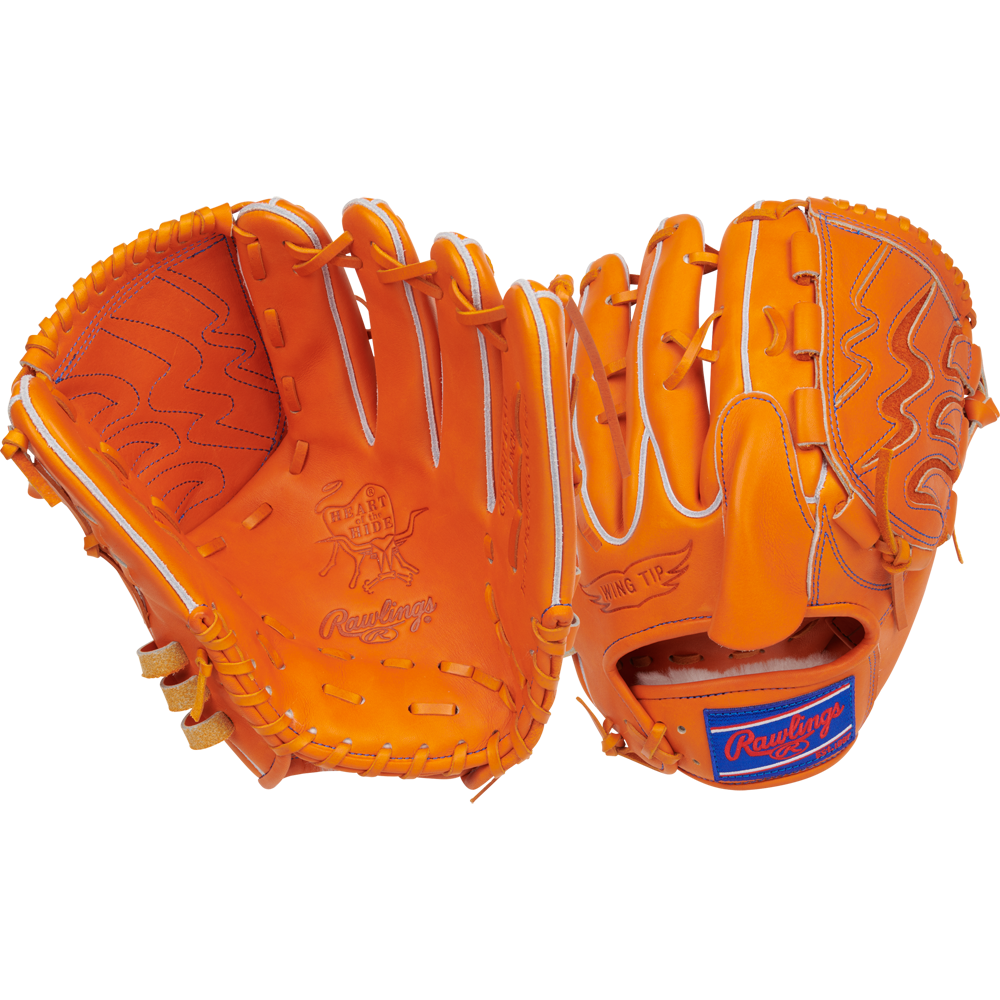 Two bright orange Rawlings Heart of the Hide 11.75" Japan Series gloves are shown—one displaying the stitched palm and logo, the other showing the back with patch and lacing. Both are crafted from premium U.S. Steerhide leather.