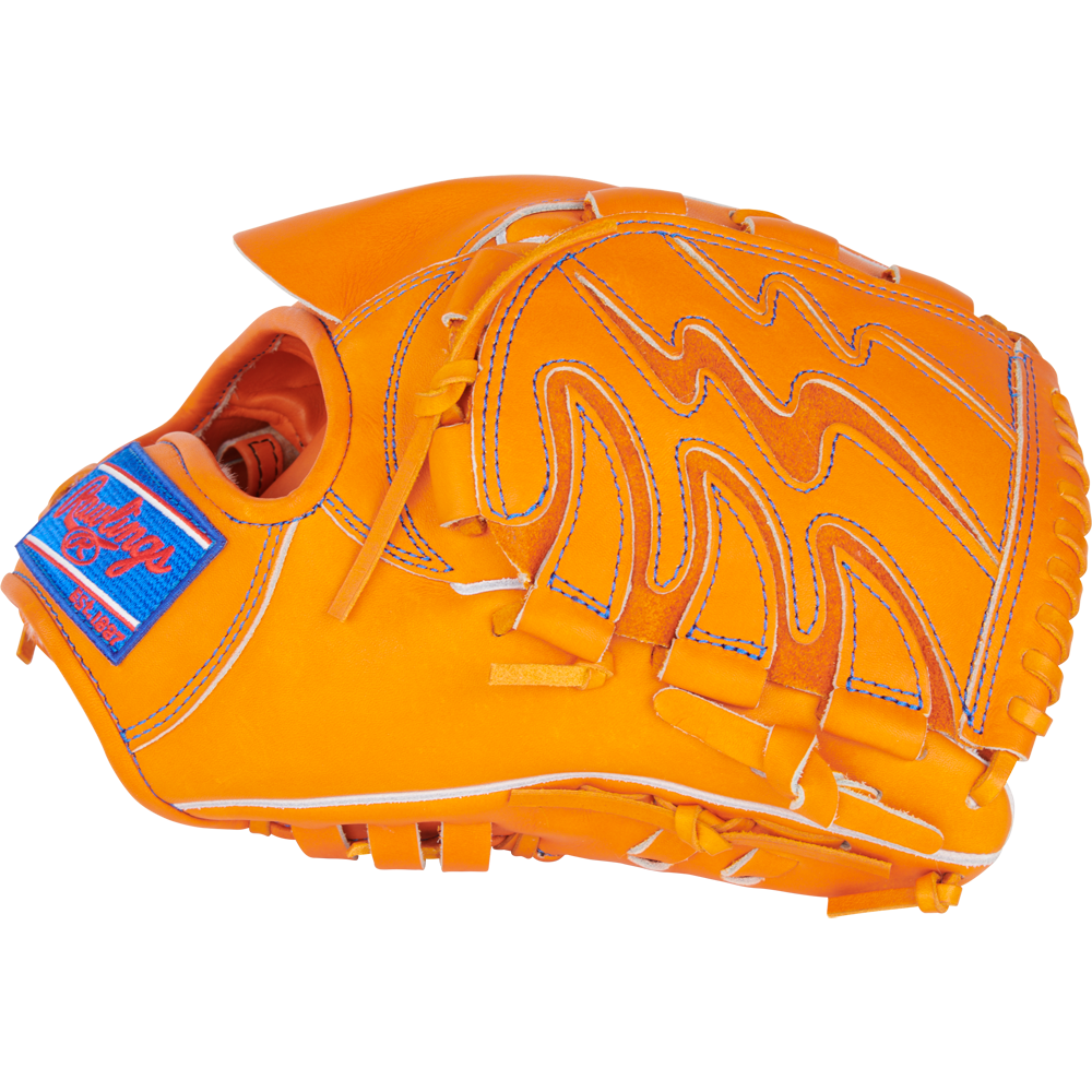 The Rawlings Heart of the Hide 11.75" Japan Series Baseball Glove (GH3FHPA15W) features bright orange premium U.S. Steerhide leather, yellow stitching, and a blue Rawlings logo patch, shown on a plain white background.