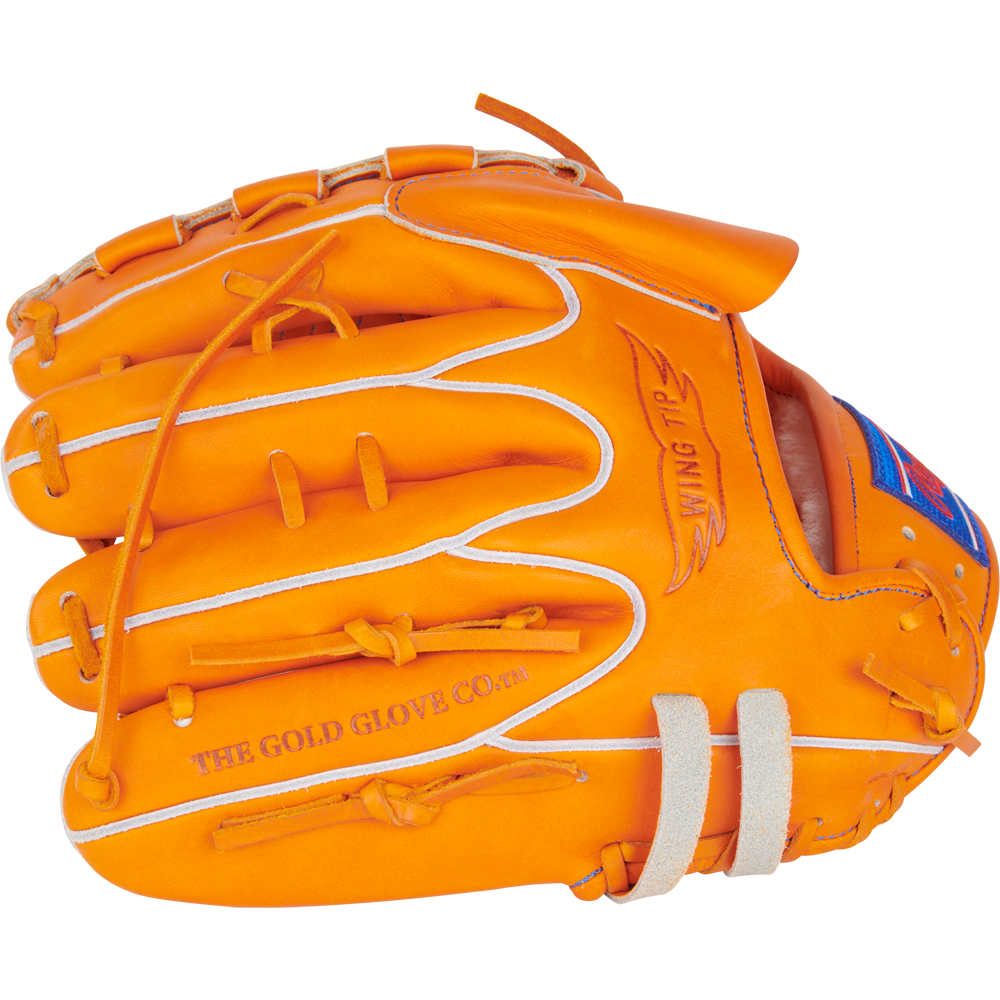 The Rawlings Heart of the Hide 11.75" Japan Series Baseball Glove (GH3FHPA15W) is orange with white laces, brown stitching, and embossed logos. Made from premium U.S. Steerhide leather, it's shown closed against a white background.