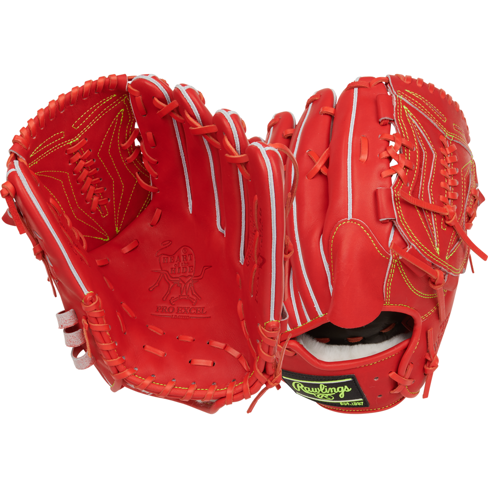 Two Rawlings Heart of the Hide 11.75" Japan Series gloves (GR3HEA15MG) are displayed front and back, featuring bright red leather, yellow stitching, and white laces, set against a plain white background.