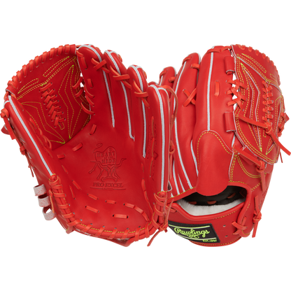 Two Rawlings Heart of the Hide 11.75" Japan Series gloves (GR3HEA15MG) are displayed front and back, featuring bright red leather, yellow stitching, and white laces, set against a plain white background.
