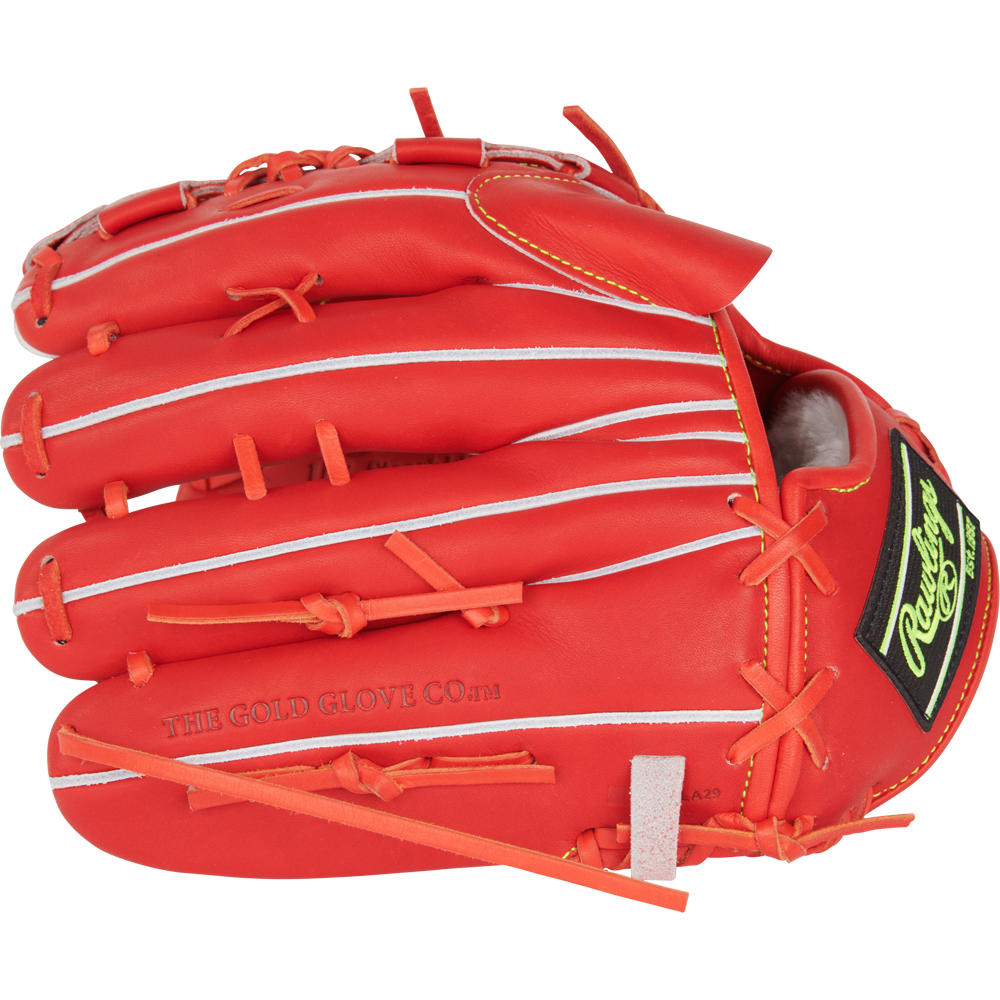 A red Rawlings Heart of the Hide 11.75" Japan Series baseball glove (GR3HEA15MG) with white stitching, laces, The Gold Glove Co. embossed on the side, and a black-and-yellow Rawlings logo patch near the wrist.