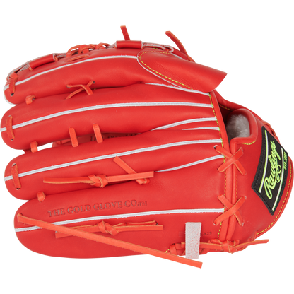 A red Rawlings Heart of the Hide 11.75" Japan Series baseball glove (GR3HEA15MG) with white stitching, laces, The Gold Glove Co. embossed on the side, and a black-and-yellow Rawlings logo patch near the wrist.