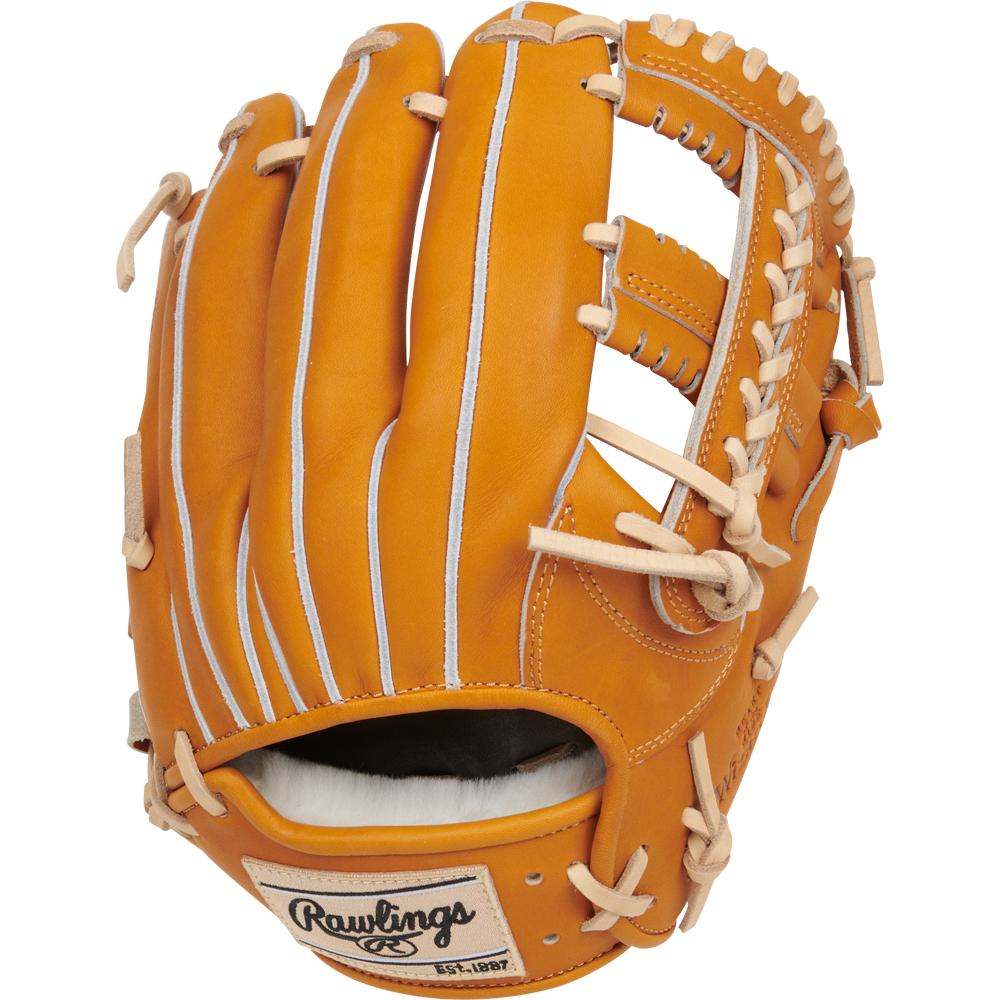 The Rawlings Heart of the Hide 11.5" Japan Series Baseball Glove (GR3HECK4MG) features tan premium Steerhide leather with white laces and stitching, plus a Rawlings logo patch near the wrist, set against a plain white background.
