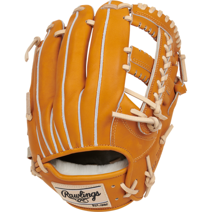 The Rawlings Heart of the Hide 11.5" Japan Series Baseball Glove (GR3HECK4MG) features tan premium Steerhide leather with white laces and stitching, plus a Rawlings logo patch near the wrist, set against a plain white background.