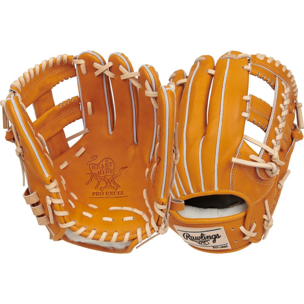 A pair of tan Rawlings Heart of the Hide 11.5" Japan Series baseball gloves (GR3HECK4MG) with white laces, shown from palm and back sides, featuring premium Steerhide leather and a patch on the wrist strap.