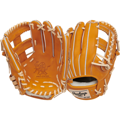 A pair of tan Rawlings Heart of the Hide 11.5" Japan Series baseball gloves (GR3HECK4MG) with white laces, shown from palm and back sides, featuring premium Steerhide leather and a patch on the wrist strap.