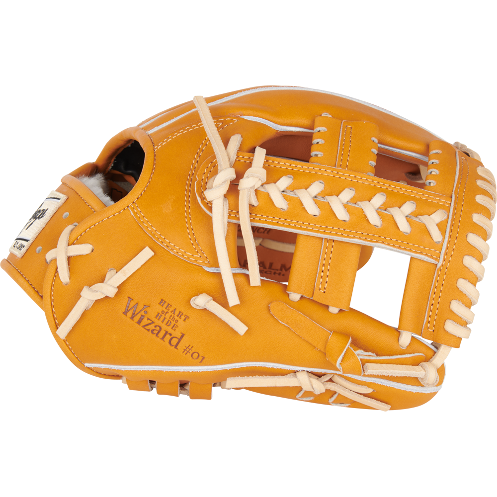 A tan Rawlings Heart of the Hide 11.5" Japan Series GR3HECK4MG baseball glove with white laces, woven web, and "Wizard #01" in the palm. Made from premium Steerhide leather, this new glove is neatly stitched for quality play.