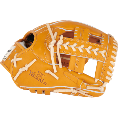 A tan Rawlings Heart of the Hide 11.5" Japan Series GR3HECK4MG baseball glove with white laces, woven web, and "Wizard #01" in the palm. Made from premium Steerhide leather, this new glove is neatly stitched for quality play.