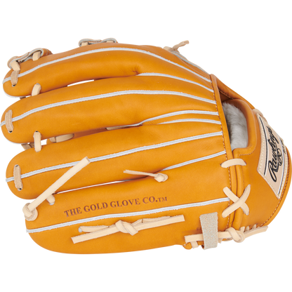 A tan Rawlings Heart of the Hide 11.5" Japan Series GR3HECK4MG baseball glove made from premium steerhide, featuring white laces and "THE GOLD GLOVE CO." on the side, is shown from above with fingers closed.