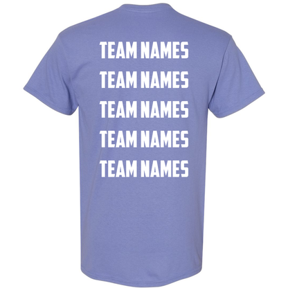Periwinkle short-sleeved 2027 NSA Great Lakes Classic Fastpitch Tournament Shirt with the words TEAM NAMES printed in white block letters in five stacked rows on the back.