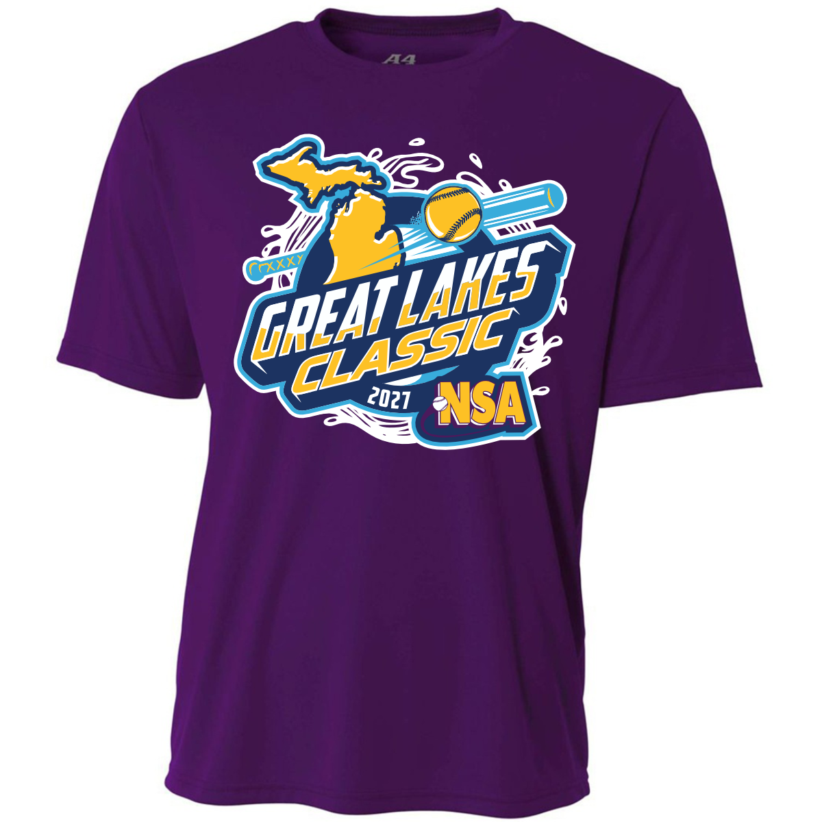 Purple short-sleeved 2027 NSA Great Lakes Classic Fastpitch Tournament Shirt featuring a graphic of a map of the Great Lakes, a softball, and the text Great Lakes Classic 2027 NSA.