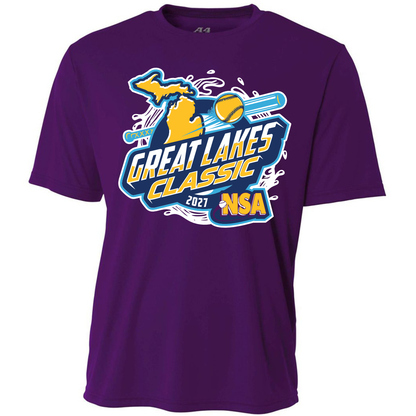 Purple short-sleeved 2027 NSA Great Lakes Classic Fastpitch Tournament Shirt featuring a graphic of a map of the Great Lakes, a softball, and the text Great Lakes Classic 2027 NSA.
