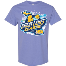 Periwinkle blue 2027 NSA Great Lakes Classic Fastpitch Tournament Shirt featuring a graphic of the state of Michigan, a softball, a bat, and text that reads Great Lakes Classic 2027 NSA.
