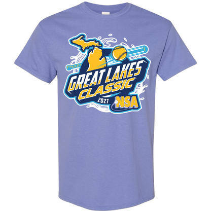 Periwinkle blue 2027 NSA Great Lakes Classic Fastpitch Tournament Shirt featuring a graphic of the state of Michigan, a softball, a bat, and text that reads Great Lakes Classic 2027 NSA.