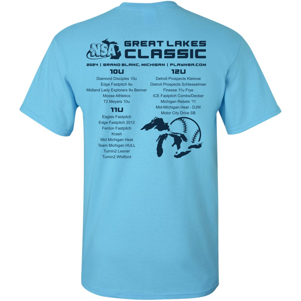 The DSG Apparel 2024 NSA Great Lakes Classic Fastpitch Tournament T-Shirt is a sky blue, 100% cotton shirt featuring division team names (10U, 11U, 12U), a Great Lakes graphic, and sponsor logos—ideal for tournament wear.