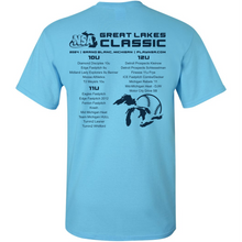 The DSG Apparel 2024 NSA Great Lakes Classic Fastpitch Tournament T-Shirt is a sky blue, 100% cotton shirt featuring division team names (10U, 11U, 12U), a Great Lakes graphic, and sponsor logos—ideal for tournament wear.