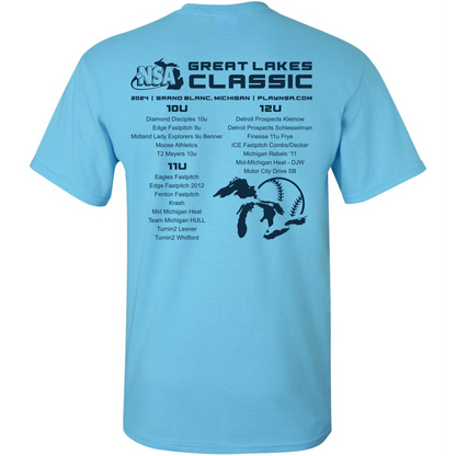 The DSG Apparel 2024 NSA Great Lakes Classic Fastpitch Tournament T-Shirt is a sky blue, 100% cotton shirt featuring division team names (10U, 11U, 12U), a Great Lakes graphic, and sponsor logos—ideal for tournament wear.