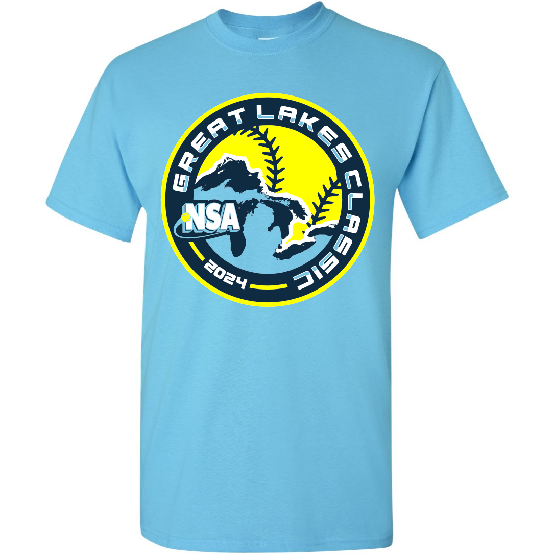 The DSG Apparel 2024 NSA Great Lakes Classic Fastpitch Tournament T-Shirt features a sky blue design with a round logo of a dinosaur, softball, and the text “Great Lakes Classic 2024” and “NSA”—perfect for tournament wear.