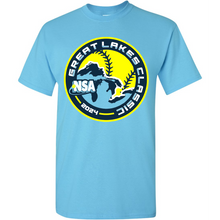 The DSG Apparel 2024 NSA Great Lakes Classic Fastpitch Tournament T-Shirt features a sky blue design with a round logo of a dinosaur, softball, and the text “Great Lakes Classic 2024” and “NSA”—perfect for tournament wear.