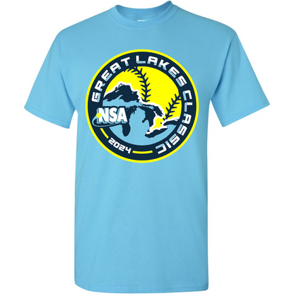 The DSG Apparel 2024 NSA Great Lakes Classic Fastpitch Tournament T-Shirt features a sky blue design with a round logo of a dinosaur, softball, and the text “Great Lakes Classic 2024” and “NSA”—perfect for tournament wear.