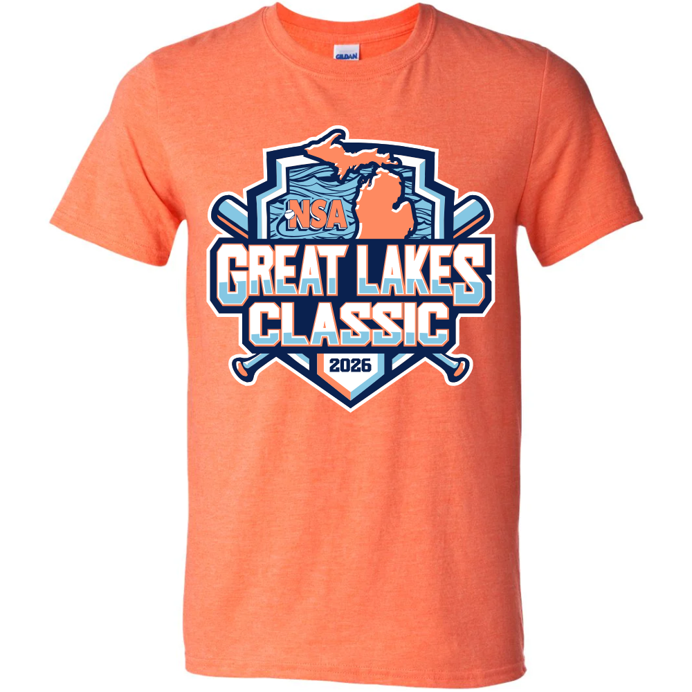Show your team spirit with the 2026 NSA Great Lakes Classic Fastpitch Tournament Shirt by DSG Apparel—orange with a Michigan map, crossed bats, and white & blue event text. Pre-order this official NSA apparel today!.