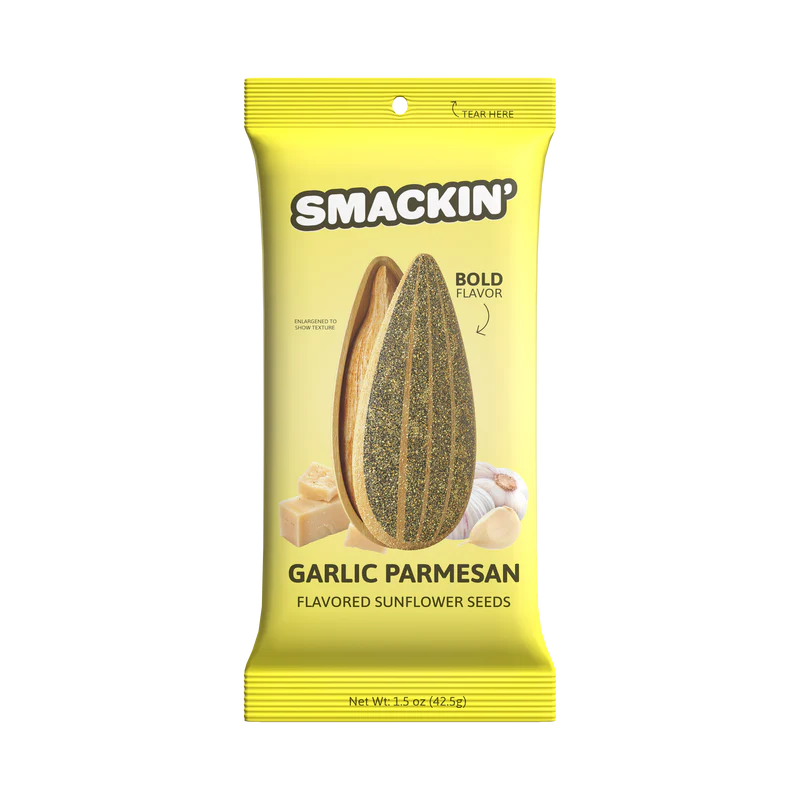 Enjoy Smackin' Sunflower Seeds - 1.5oz by Smackin' Sunflower Seeds—a yellow bag with bold flavor, featuring garlic parmesan, cheese cubes, and garlic cloves. Savor the bold taste in every bite. Net weight: 1.5 oz (42.5g).