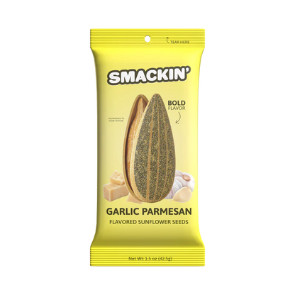 Enjoy Smackin' Sunflower Seeds - 1.5oz by Smackin' Sunflower Seeds—a yellow bag with bold flavor, featuring garlic parmesan, cheese cubes, and garlic cloves. Savor the bold taste in every bite. Net weight: 1.5 oz (42.5g).