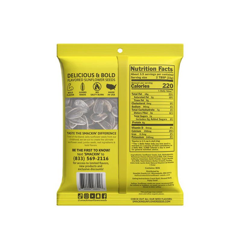 Back of a yellow 4oz Smackin' Sunflower Seeds bag by Smackin' Sunflower Seeds, featuring nutrition facts, contact info, barcode, and an image of bold, delicious sunflower seeds with descriptive text.
