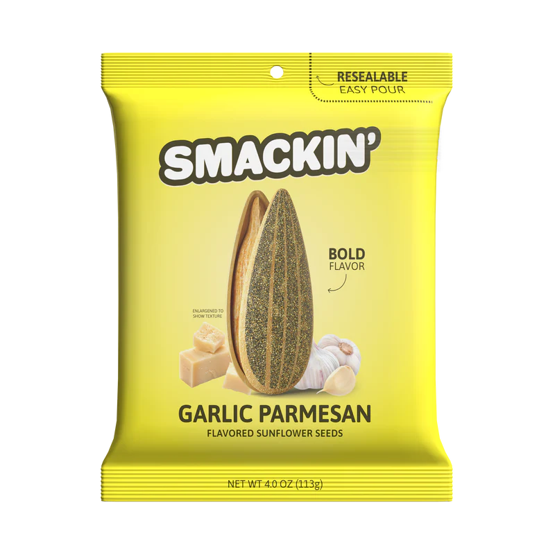 A yellow 4oz bag of Smackin' Sunflower Seeds in Garlic Parmesan flavor, featuring images of seeds, garlic, and parmesan. The front highlights “Bold Flavor” and “Resealable Easy Pour.” Brand: Smackin' Sunflower Seeds.