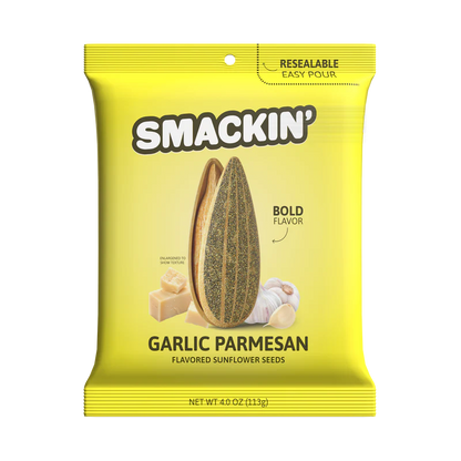 A yellow 4oz bag of Smackin' Sunflower Seeds in Garlic Parmesan flavor, featuring images of seeds, garlic, and parmesan. The front highlights “Bold Flavor” and “Resealable Easy Pour.” Brand: Smackin' Sunflower Seeds.