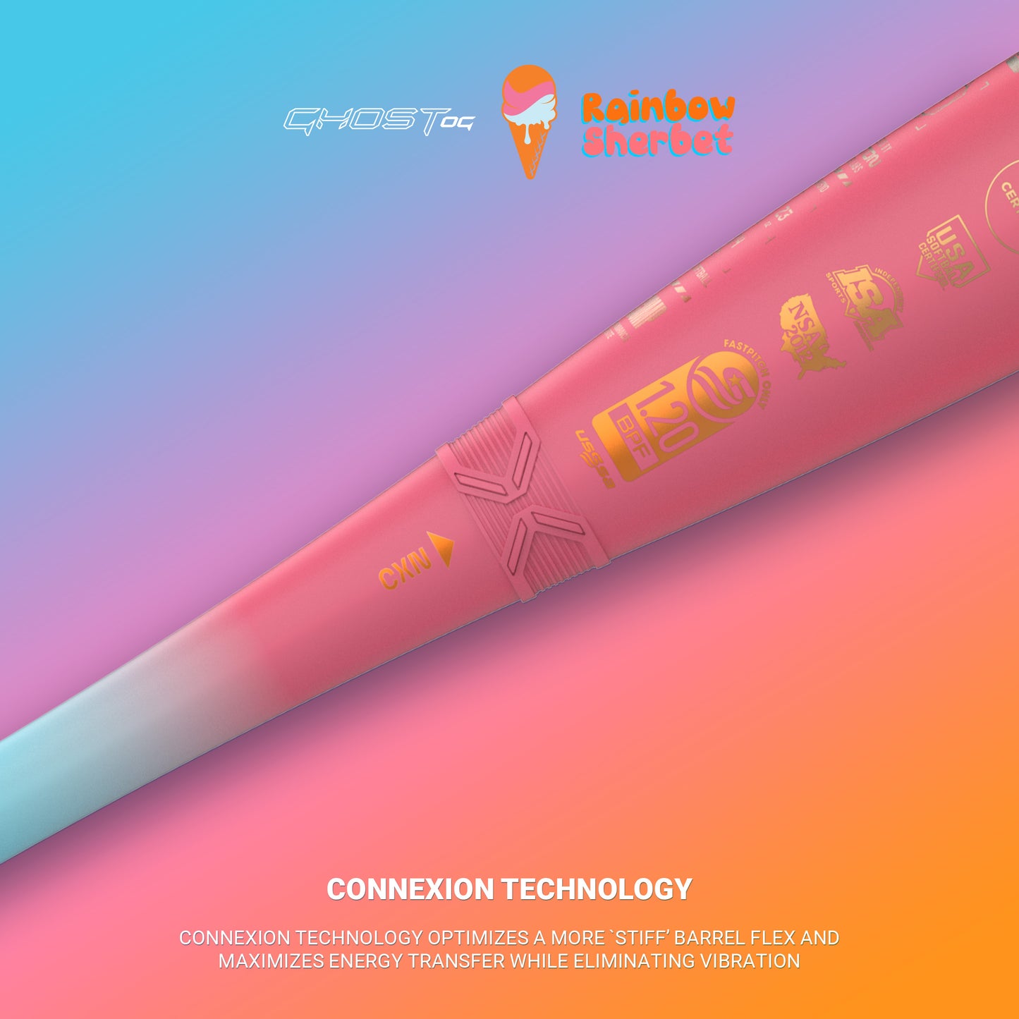 A close-up of the 2025 Easton Ghost OG Rainbow Sherbet (-10) Fastpitch Softball Bat (EFP5GHRS10) highlights its Connexion and Double Barrel technology on a vibrant gradient background with white tech description text.