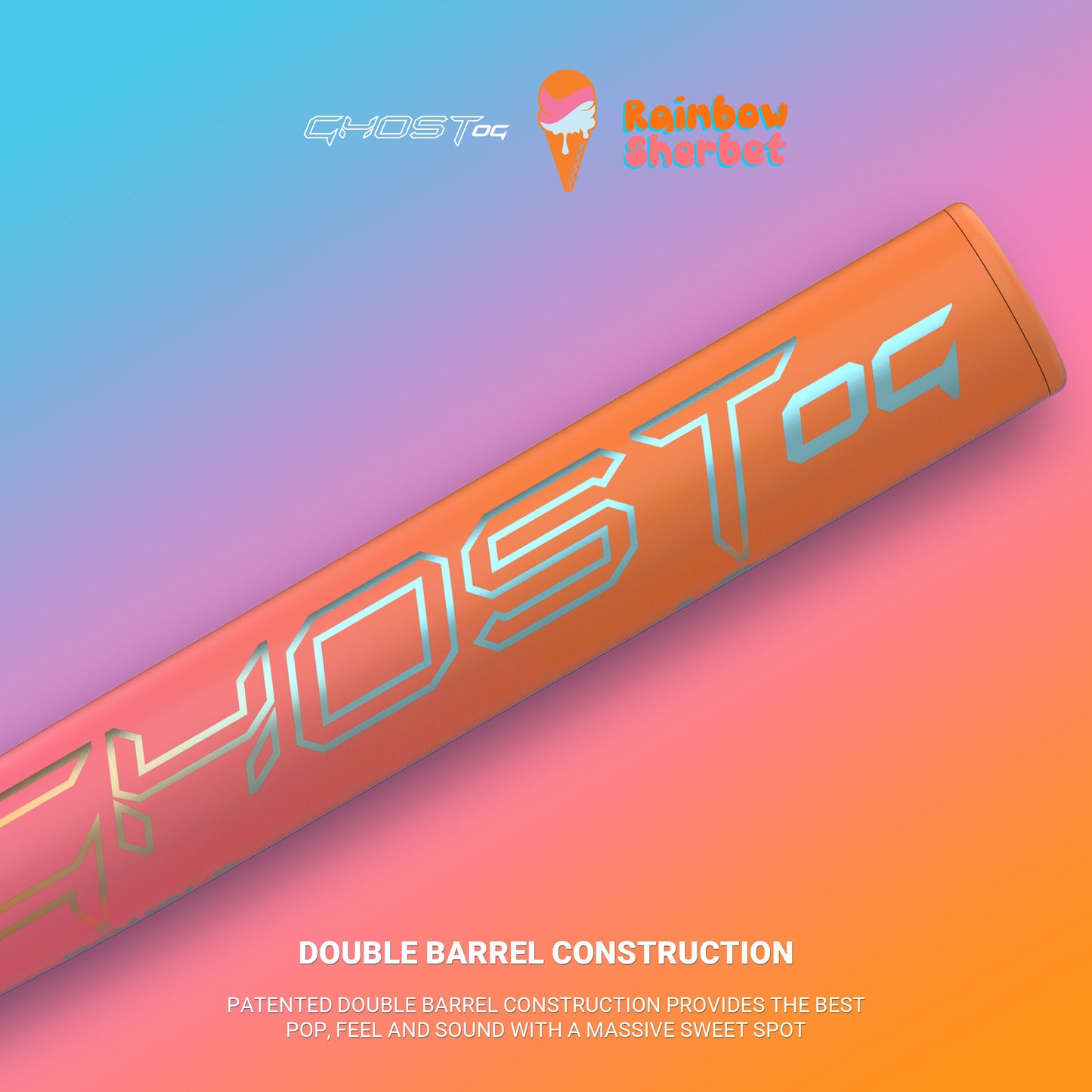 The 2025 Easton Ghost OG Rainbow Sherbet (-10) Fastpitch Softball Bat features a pink-orange gradient with "GHOSToc" in silver and a “Rainbow Sherbet” logo, plus white text below highlighting its Double Barrel technology for performance.