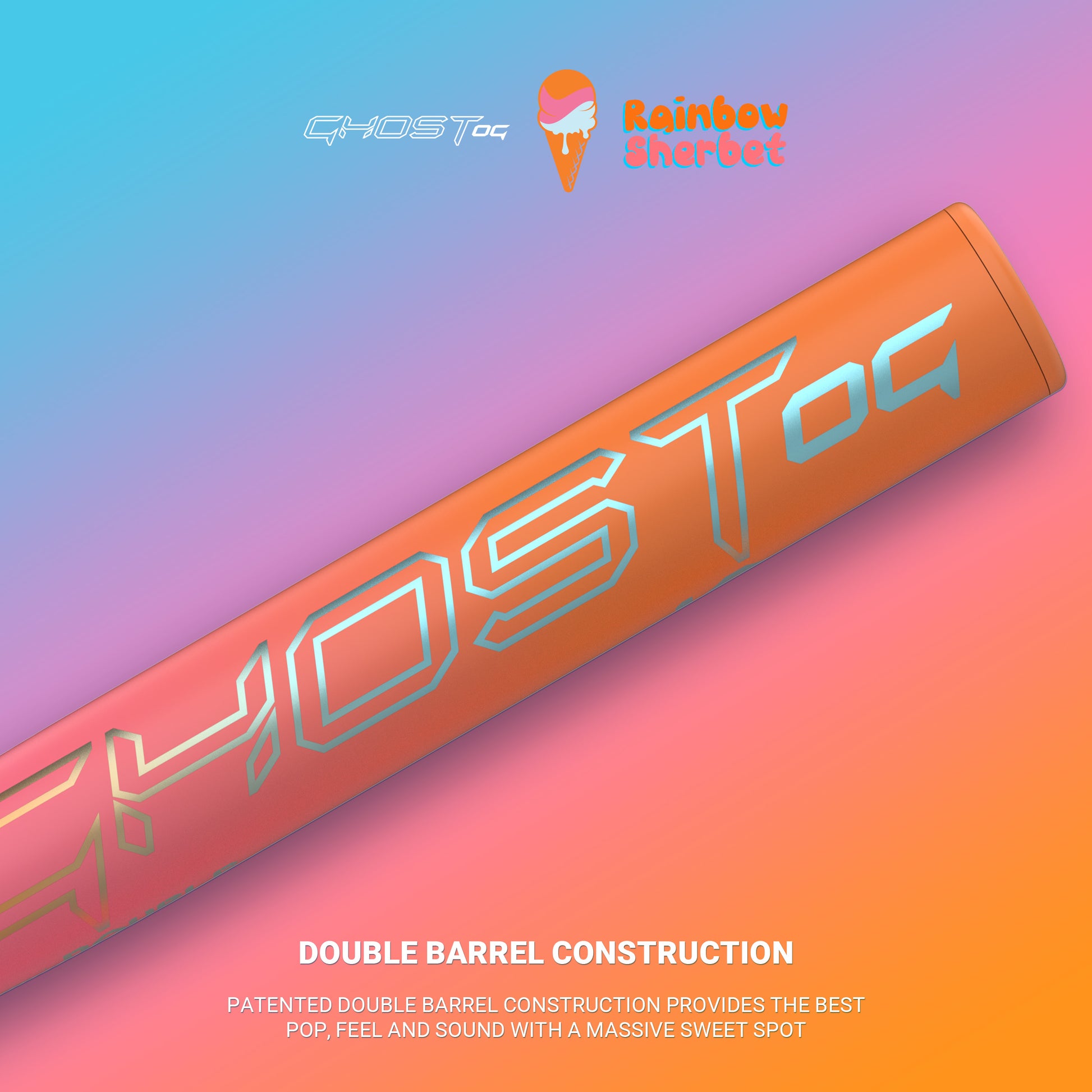 The 2025 Easton Ghost OG Rainbow Sherbet (-10) Fastpitch Softball Bat features a pink-orange gradient with "GHOSToc" in silver and a “Rainbow Sherbet” logo, plus white text below highlighting its Double Barrel technology for performance.