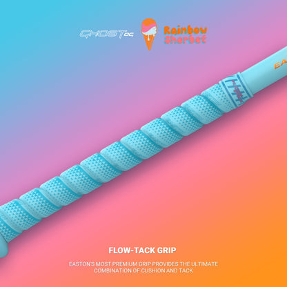 A close-up of the 2025 Easton Ghost OG Rainbow Sherbet (-10) Fastpitch Bat’s light blue, spiral-textured FLOW-TACK GRIP. The GHOST and Rainbow Sherbet logos appear at the top, highlighting its premium cushion and tack.