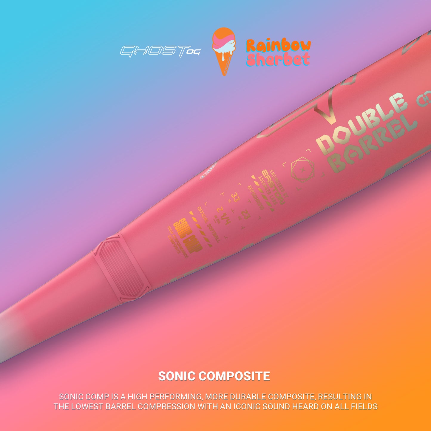 Close-up of the 2025 Easton Ghost OG Rainbow Sherbet (-10) Fastpitch Softball Bat, featuring Double Barrel design and Sonic Comp composite for durability and performance. Vibrant orange-to-blue background highlights Easton branding.