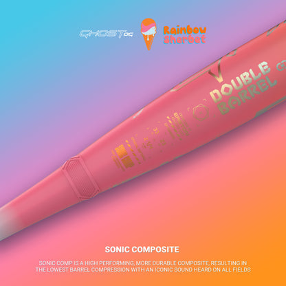 Close-up of the 2025 Easton Ghost OG Rainbow Sherbet (-10) Fastpitch Softball Bat, featuring Double Barrel design and Sonic Comp composite for durability and performance. Vibrant orange-to-blue background highlights Easton branding.