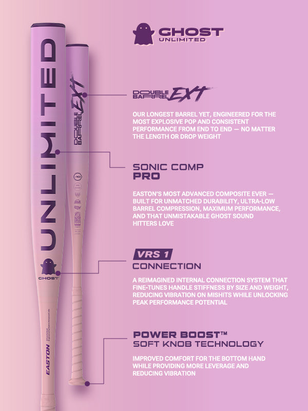Two light purple 2026 Easton Ghost Unlimited (-10) Fastpitch Softball Bats (EFP6GHUL10) by Easton rest on a pastel purple background. Features include Double Barrel EXT, Sonic Comp Pro, VRS1 Connection, and Power Boost Soft Knob Technology.