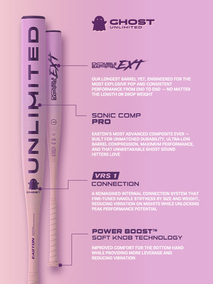 Two light purple 2026 Easton Ghost Unlimited (-10) Fastpitch Softball Bats (EFP6GHUL10) by Easton rest on a pastel purple background. Features include Double Barrel EXT, Sonic Comp Pro, VRS1 Connection, and Power Boost Soft Knob Technology.