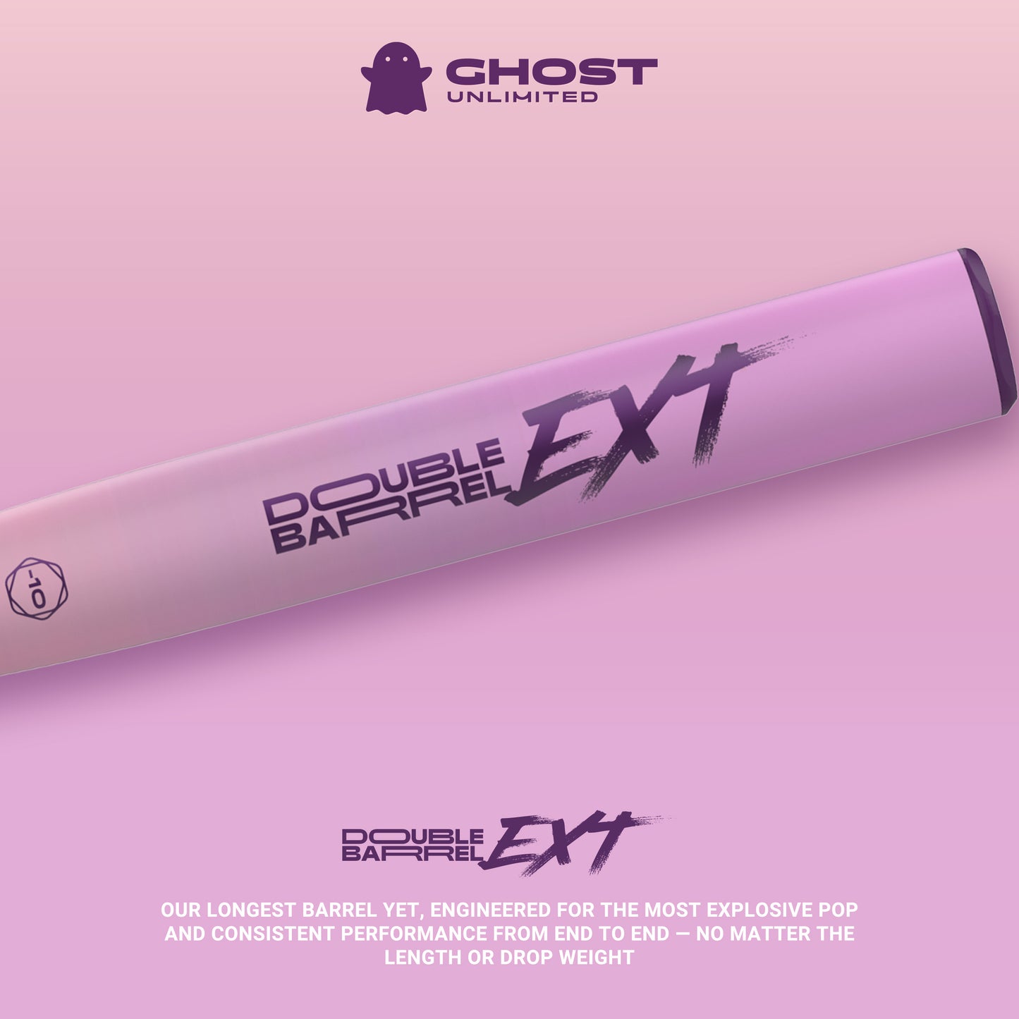 The 2026 Easton Ghost Unlimited (-10) Fastpitch Softball Bat (EFP6GHUL10) is displayed diagonally on a matching purple and pink background, with text above highlighting "Easton Ghost Unlimited" and below noting its long barrel and consistent performance.
