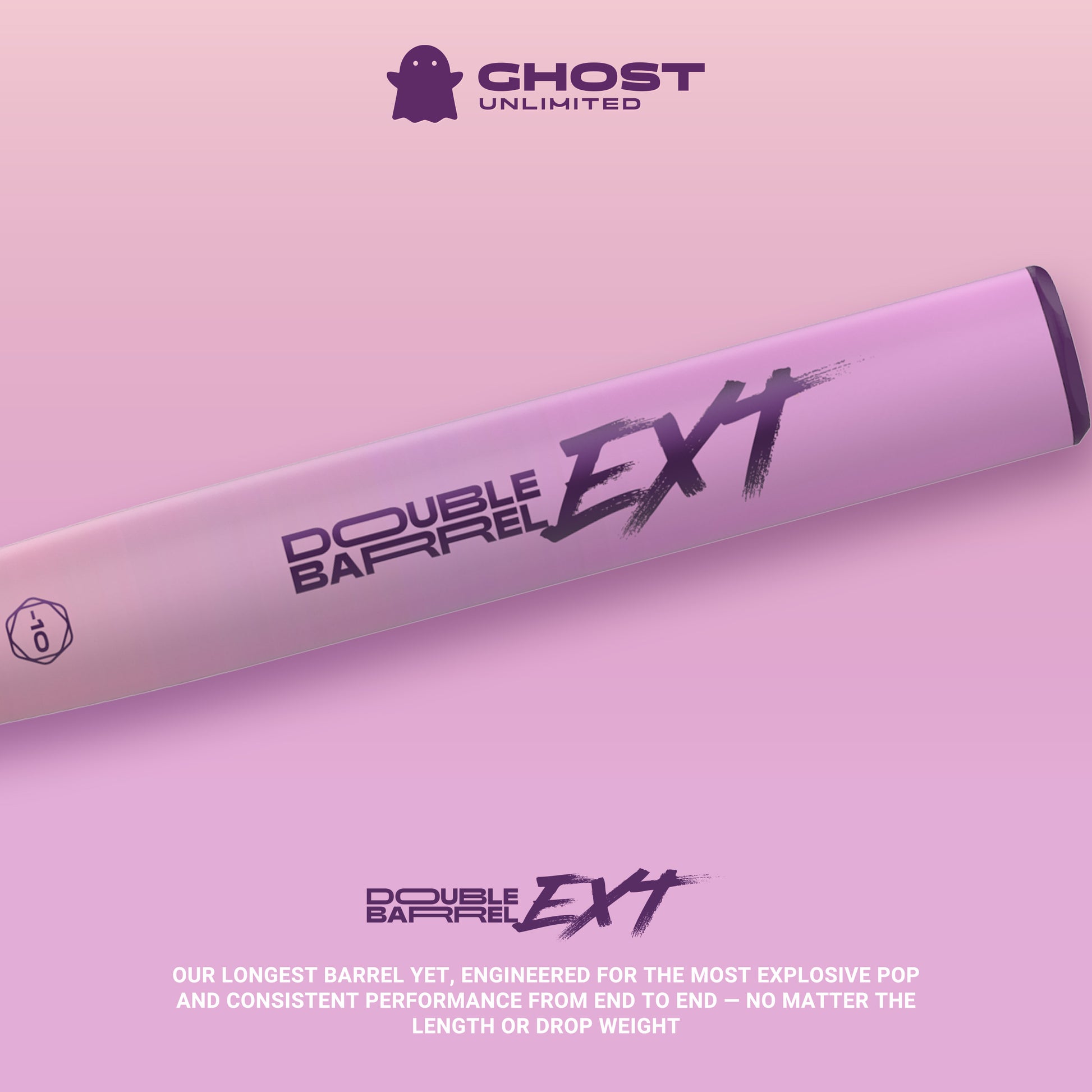 The 2026 Easton Ghost Unlimited (-10) Fastpitch Softball Bat (EFP6GHUL10) is displayed diagonally on a matching purple and pink background, with text above highlighting "Easton Ghost Unlimited" and below noting its long barrel and consistent performance.