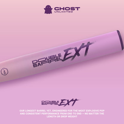 The 2026 Easton Ghost Unlimited (-10) Fastpitch Softball Bat (EFP6GHUL10) is displayed diagonally on a matching purple and pink background, with text above highlighting "Easton Ghost Unlimited" and below noting its long barrel and consistent performance.