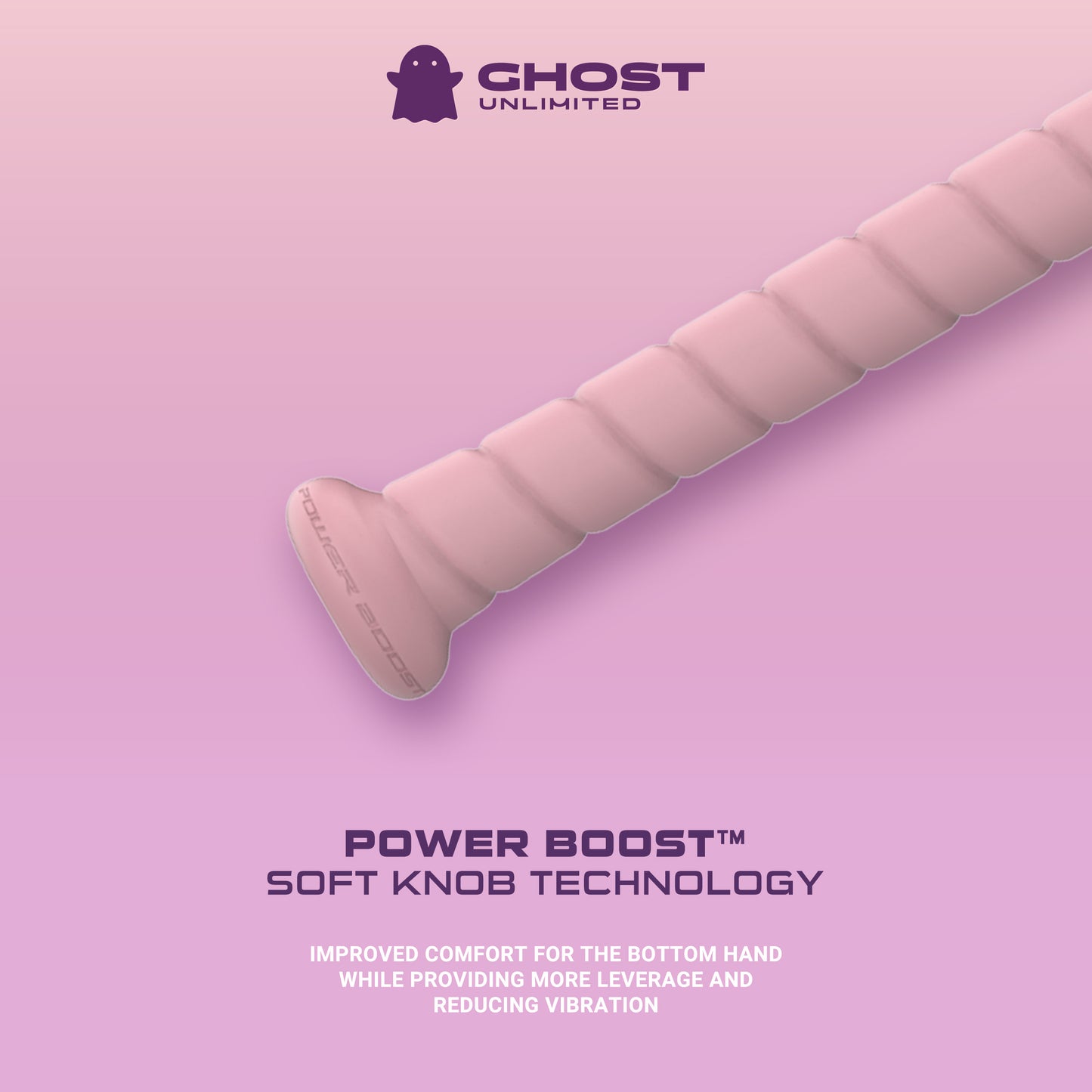 A pink, textured handle with Power Boost™ on the 2026 Easton Ghost Unlimited (-10) Fastpitch Softball Bat is shown on a pink gradient background. Text highlights Power Boost™ Soft Knob Technology for enhanced comfort and less vibration.