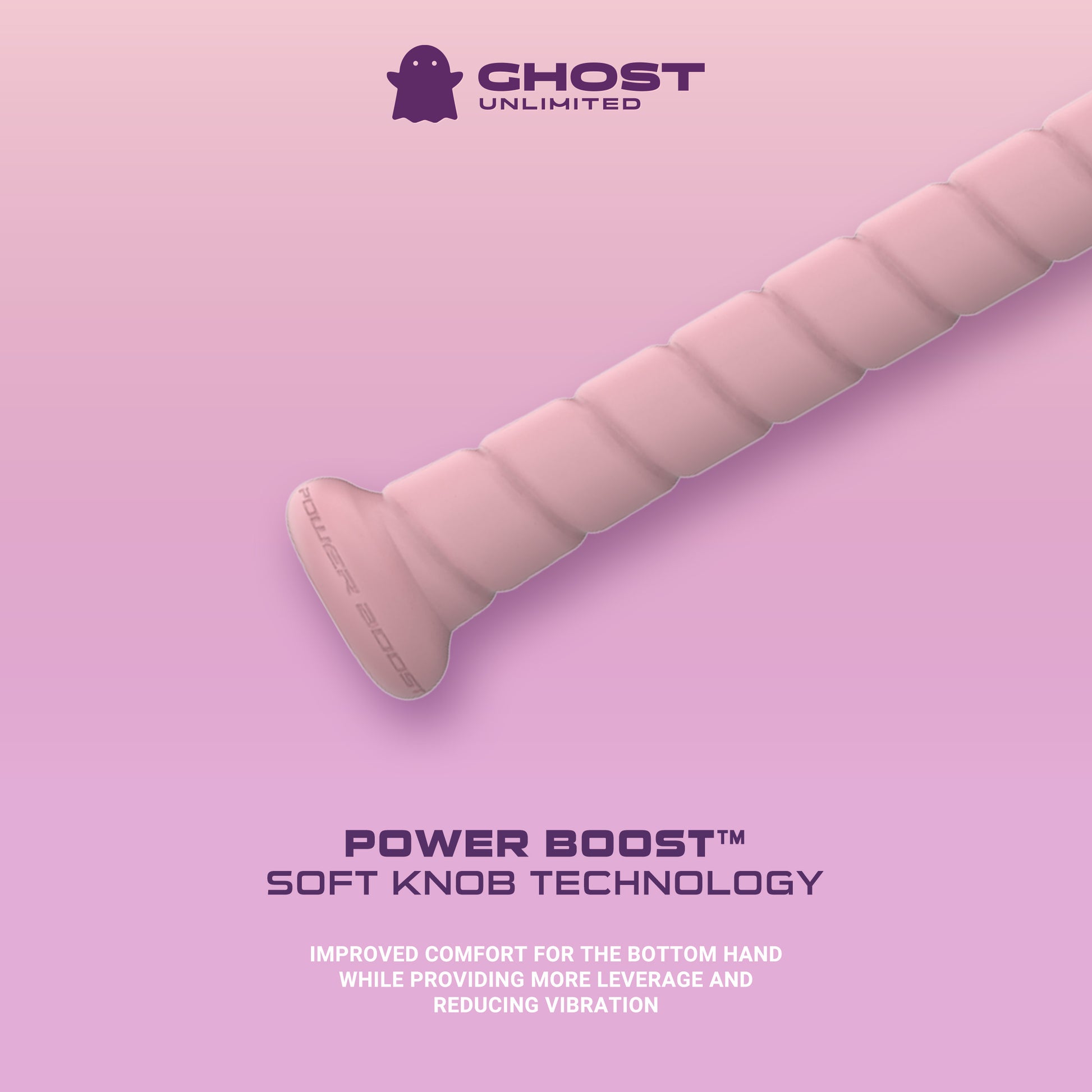 A pink, textured handle with Power Boost™ on the 2026 Easton Ghost Unlimited (-10) Fastpitch Softball Bat is shown on a pink gradient background. Text highlights Power Boost™ Soft Knob Technology for enhanced comfort and less vibration.