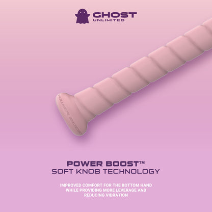 A pink, textured handle with Power Boost™ on the 2026 Easton Ghost Unlimited (-10) Fastpitch Softball Bat is shown on a pink gradient background. Text highlights Power Boost™ Soft Knob Technology for enhanced comfort and less vibration.