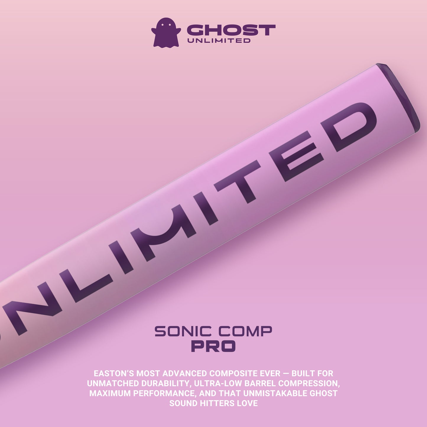 A close-up of the 2026 Easton Ghost Unlimited (-10) Fastpitch Softball Bat by Easton, labeled UNLIMITED, with the Ghost Unlimited logo above and Double Barrel EXT Sonic Comp Pro text below on a light pink background.