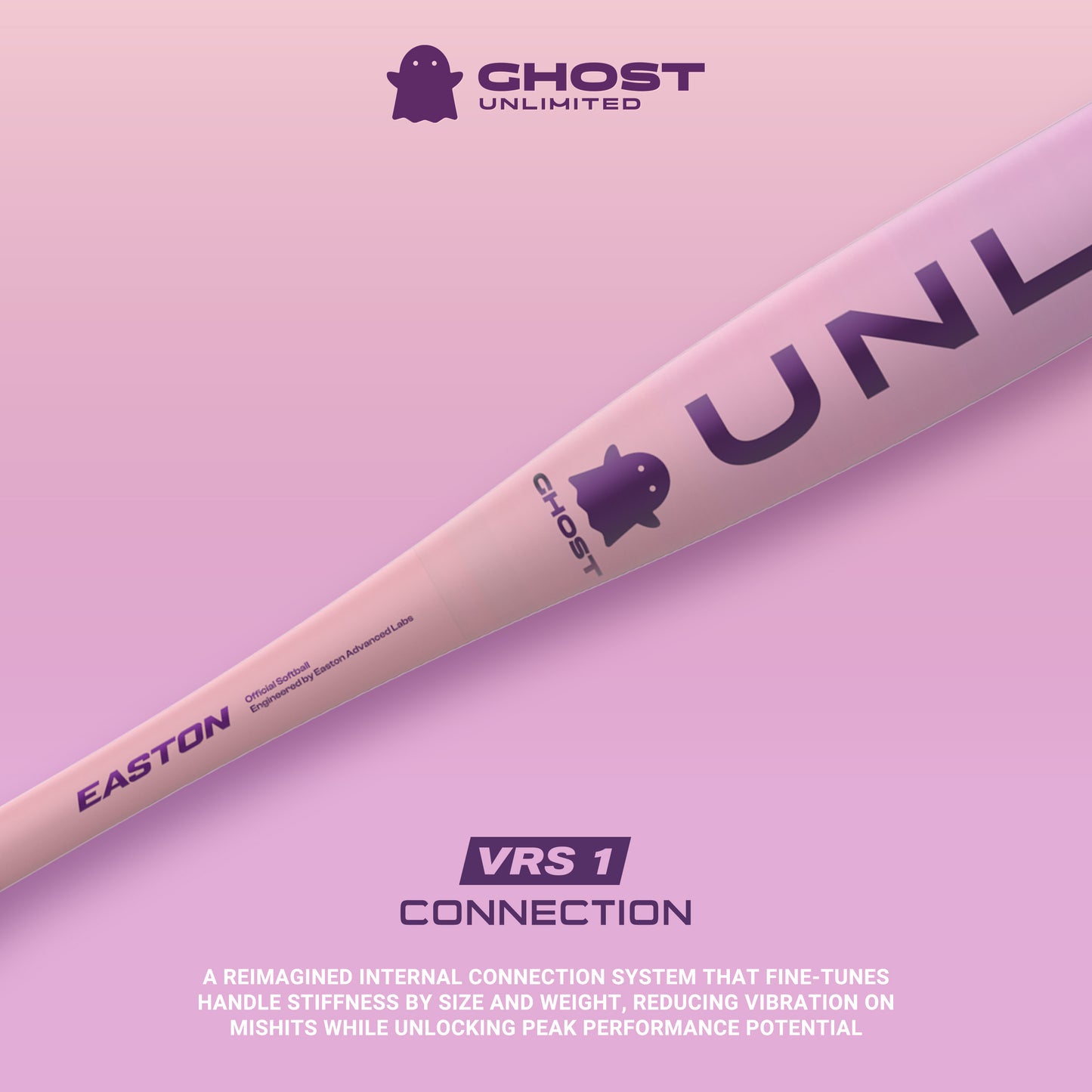 A close-up of the 2026 Easton Ghost Unlimited (-10) Fastpitch Softball Bat (EFP6GHUL10) highlights its VRS 1 connection system for reduced vibration, Double Barrel EXT technology, ghost icon, and Easton branding.