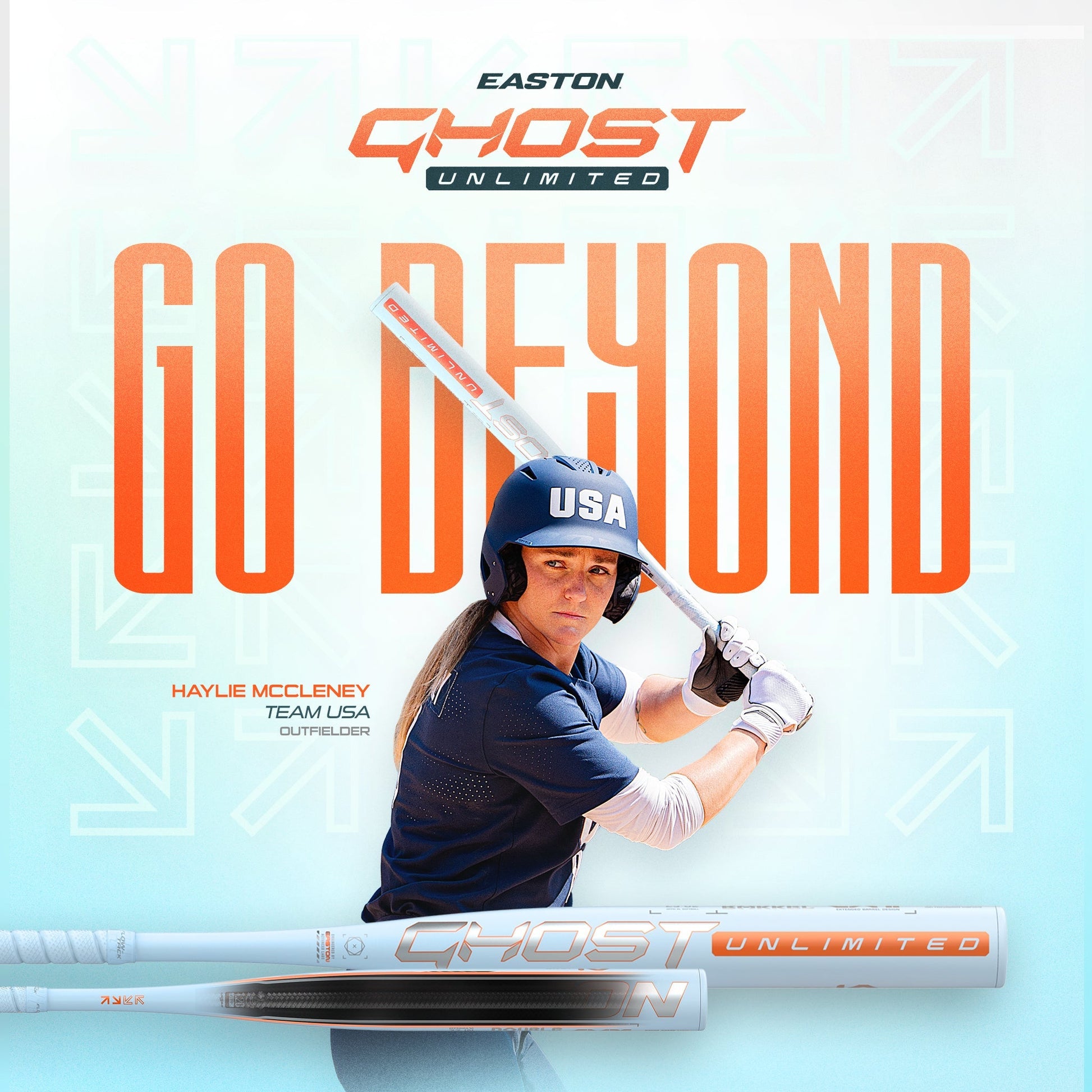 A female softball player in a Team USA uniform gets ready to swing the 2025 Easton Ghost Unlimited (-10) Fastpitch Softball Bat (EFP5GHUL10) by Easton. "GO BEYOND" appears in the background, with the bat displayed at the bottom.