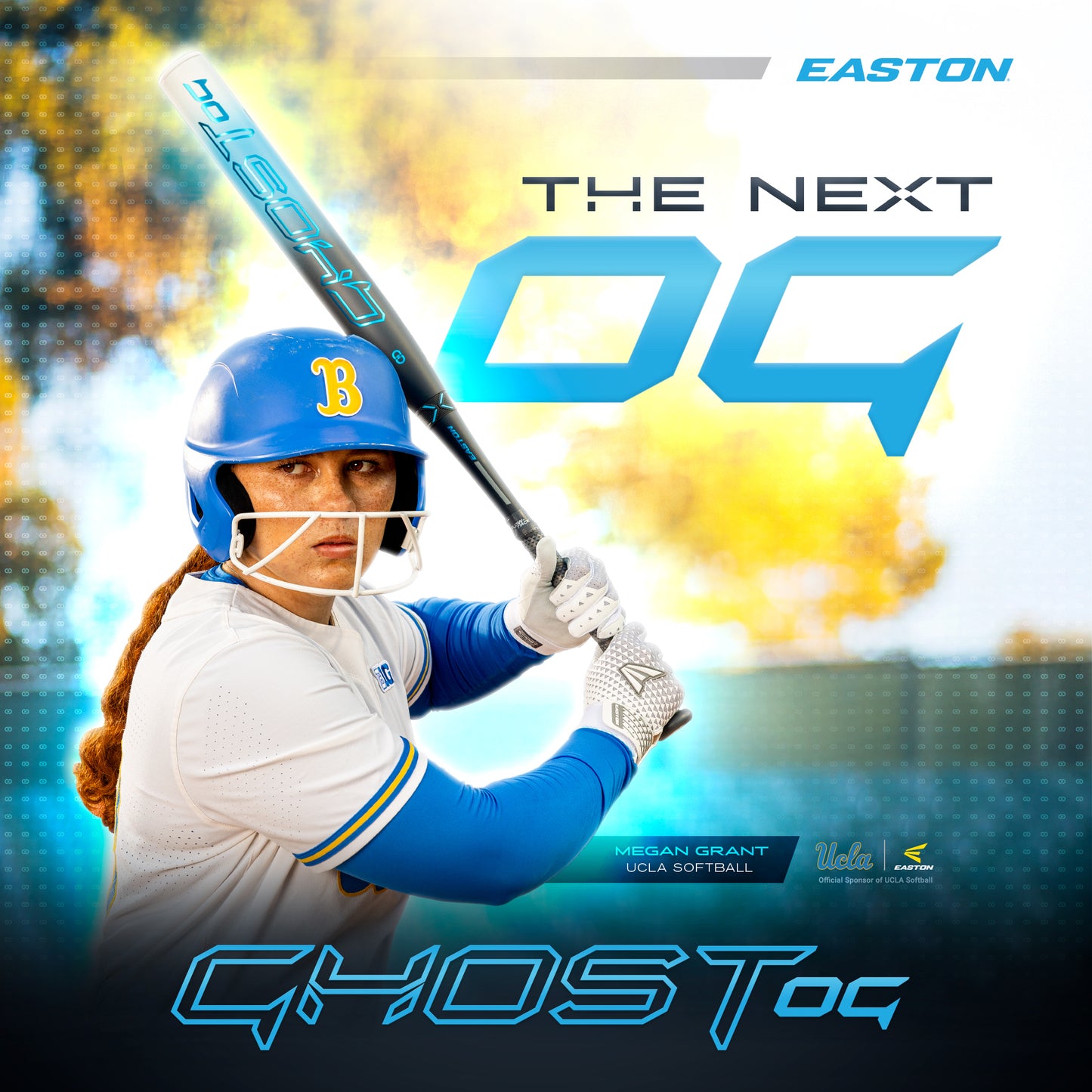 A UCLA softball player in uniform holds a bat ready to swing. Text: The Next OG, 2025 Easton Ghost OG (-11) Fastpitch Softball Bat: EFP5GHOG11 by Easton, Sonic Comp technology, Megan Grant UCLA Softball. Blurred outdoor background with yellow foliage.