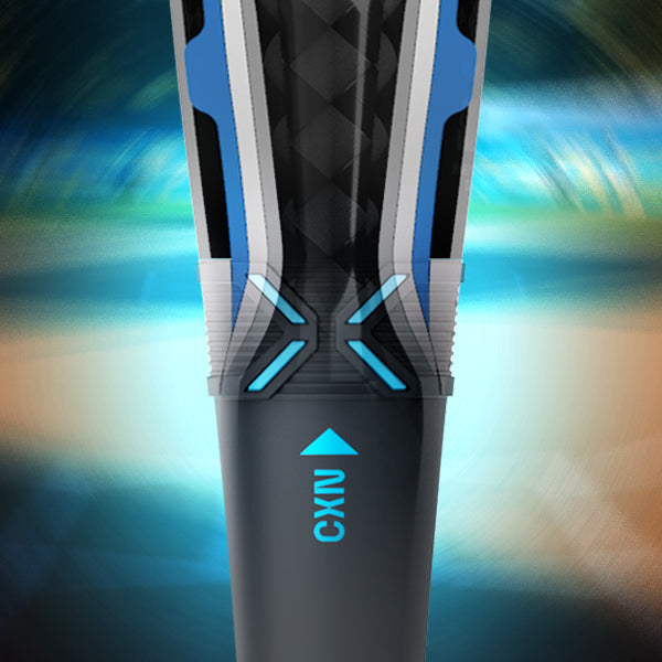 Close-up of a black and blue sports racket handle with geometric patterns, featuring the word ONIX and an arrow pointing upward. The background is blurred with blue, green, and orange streaks.
